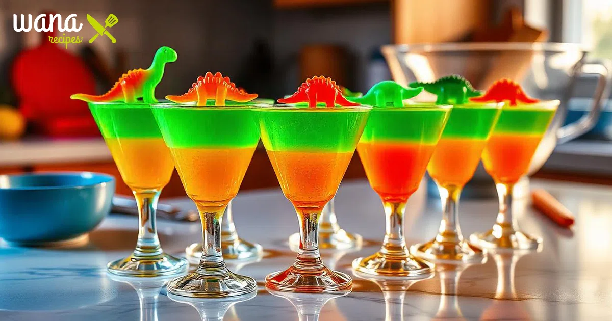 Dino Jello Cups with colorful layers and dinosaur decorations.