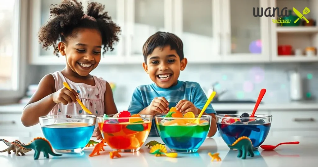 Children eating Dino Jello Cups at a dinosaur-themed party.
