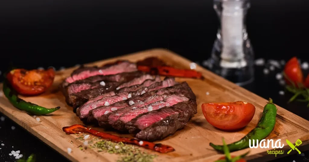 Raw venison cube steaks seasoned with herbs and spices on a wooden cutting board.