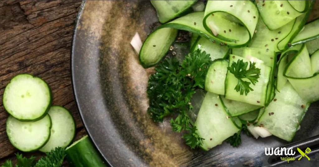 Close-up of Din Tai Fung cucumber salad recipe with sesame seeds and chili oil.