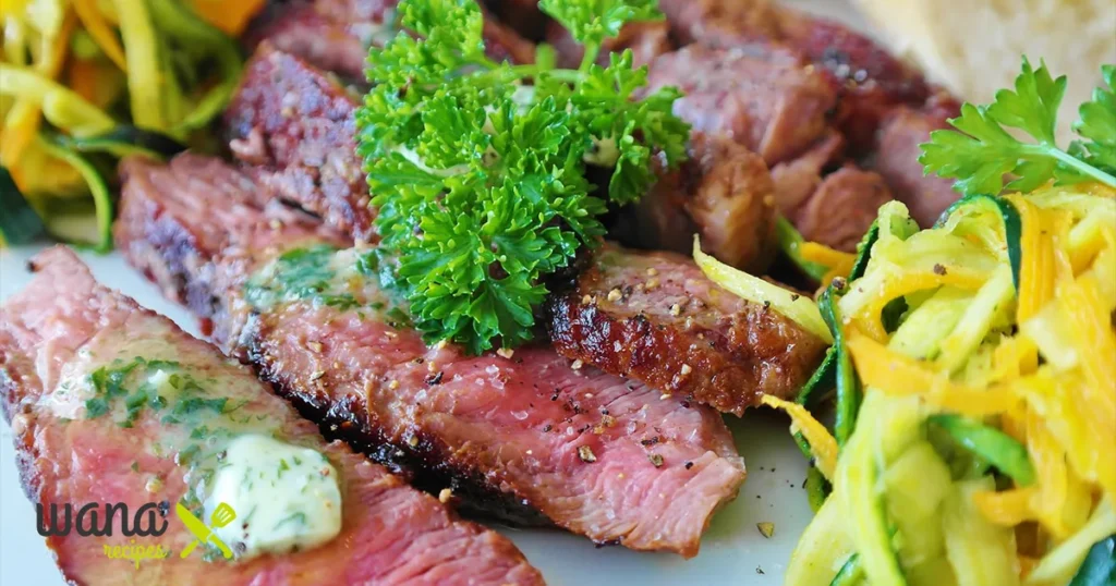 Cooked venison cube steak served with wild rice and roasted vegetables on a white plate.