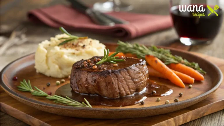 A perfectly cooked venison cube steak drizzled with savory brown gravy, paired with mashed potatoes and roasted carrots, all served on a rustic wooden plate with fresh rosemary sprigs.