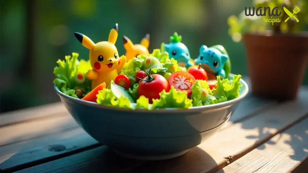 Colorful Pokémon Sleep Salad Recipes with fresh berries, greens, and herbs on a wooden table.