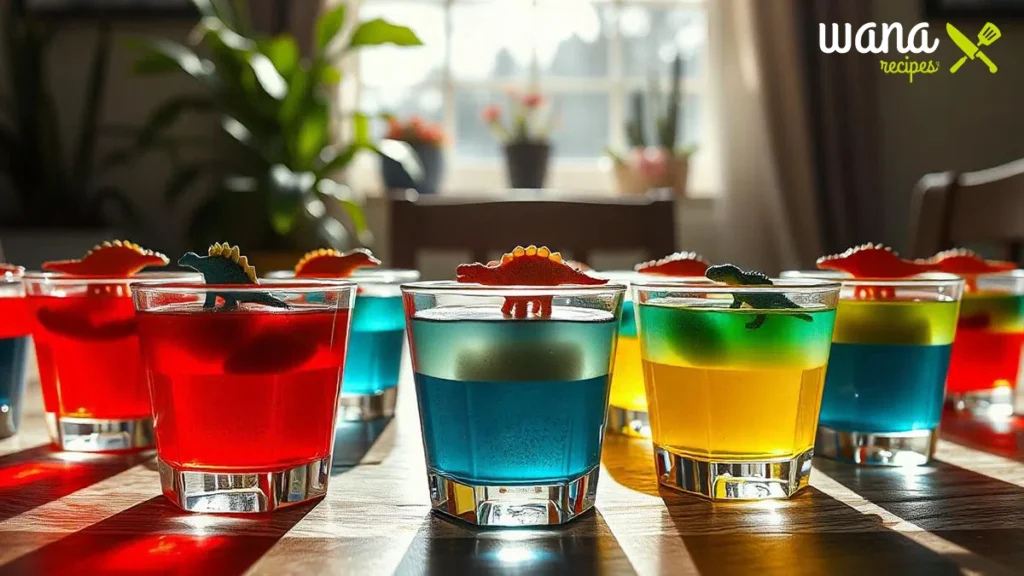 Vibrant Dino Jello Cups with layers of gelatin, gummy dinosaurs, and edible decorations.