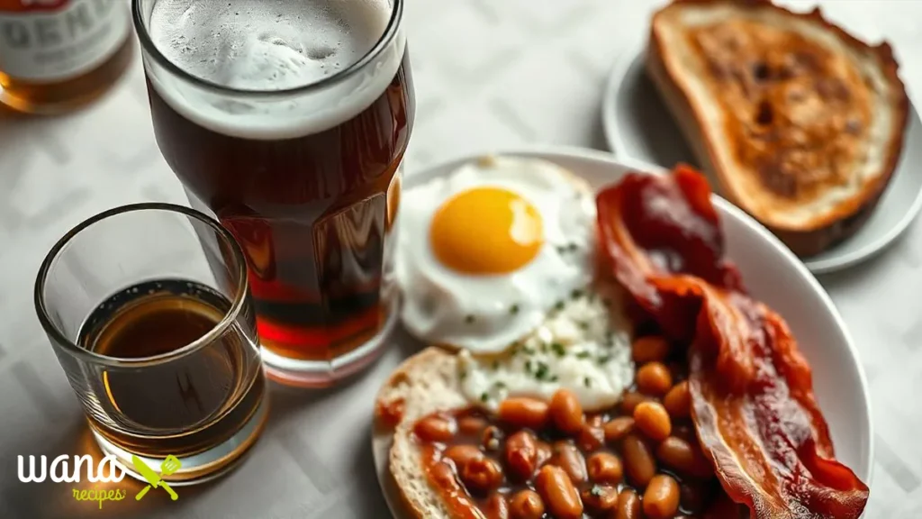 A close-up of an Irish Breakfast Shot featuring a shot glass with Irish whiskey and butterscotch schnapps, a small glass of orange juice, and a crispy bacon garnish on the side.