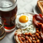 A close-up of an Irish Breakfast Shot featuring a shot glass with Irish whiskey and butterscotch schnapps, a small glass of orange juice, and a crispy bacon garnish on the side.