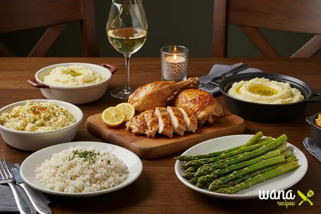 Roast chicken with mashed potatoes, rice, and asparagus on a wooden table with a glass of white wine and a lit candle.