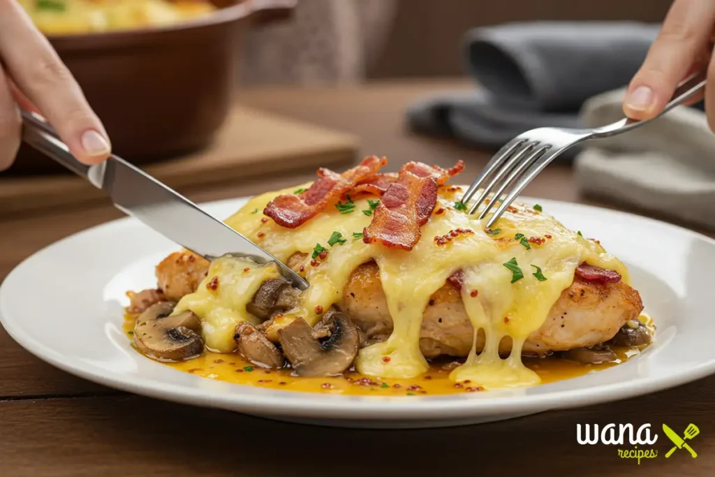 Alice Springs Chicken topped with melted cheese, crispy bacon, and sautéed mushrooms, being cut with a fork and knife.