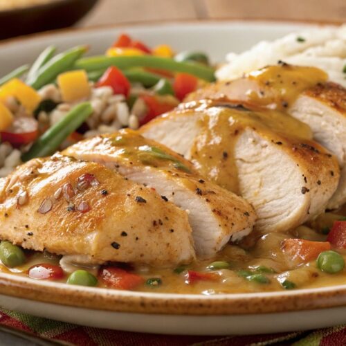 A plate of grilled chicken breast slices topped with savory gravy, served with steamed rice and colorful vegetables, including green beans, peas, and diced peppers.