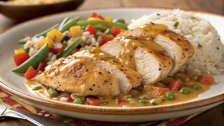 A plate of grilled chicken breast slices topped with savory gravy, served with steamed rice and colorful vegetables, including green beans, peas, and diced peppers.