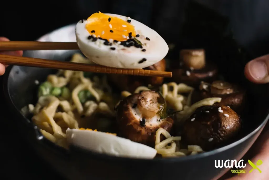 A vegetarian Morning Ramen bowl with tofu, mushrooms, and carrots.