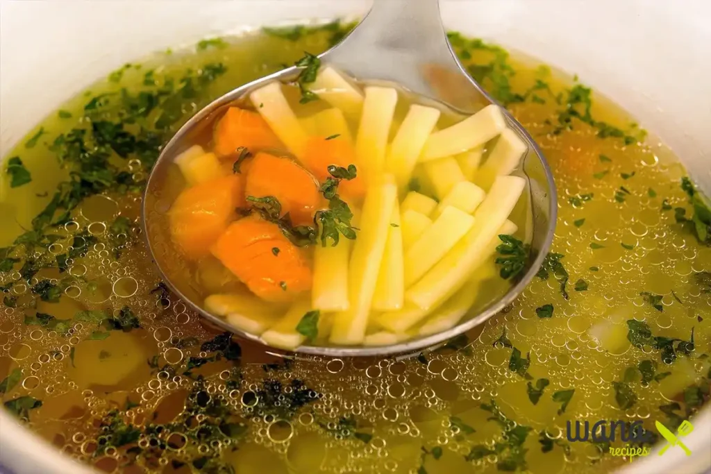 Straining chicken bone broth through a fine-mesh strainer into a bowl.