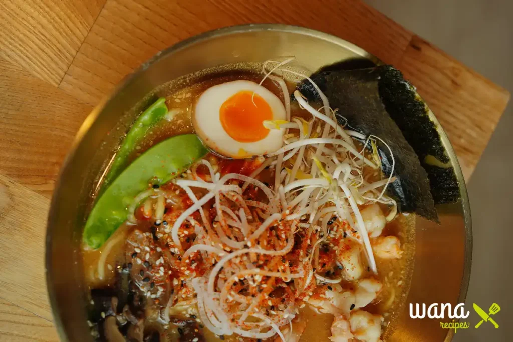 A hand adding fresh spinach and poached eggs to a bowl of ramen.