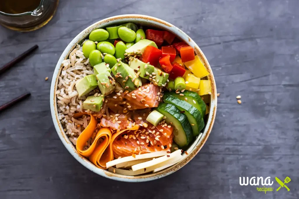 Vibrant Buddha bowl with canned salmon, brown rice, avocado, edamame, and colorful vegetables.