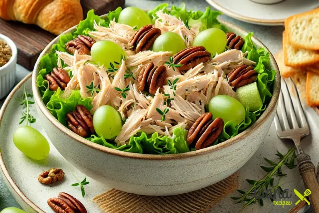 Close-up of a bowl of chicken salad with grapes, celery, and pecans, inspired by Chicken Salad Chick, served with fresh croissants and crackers.