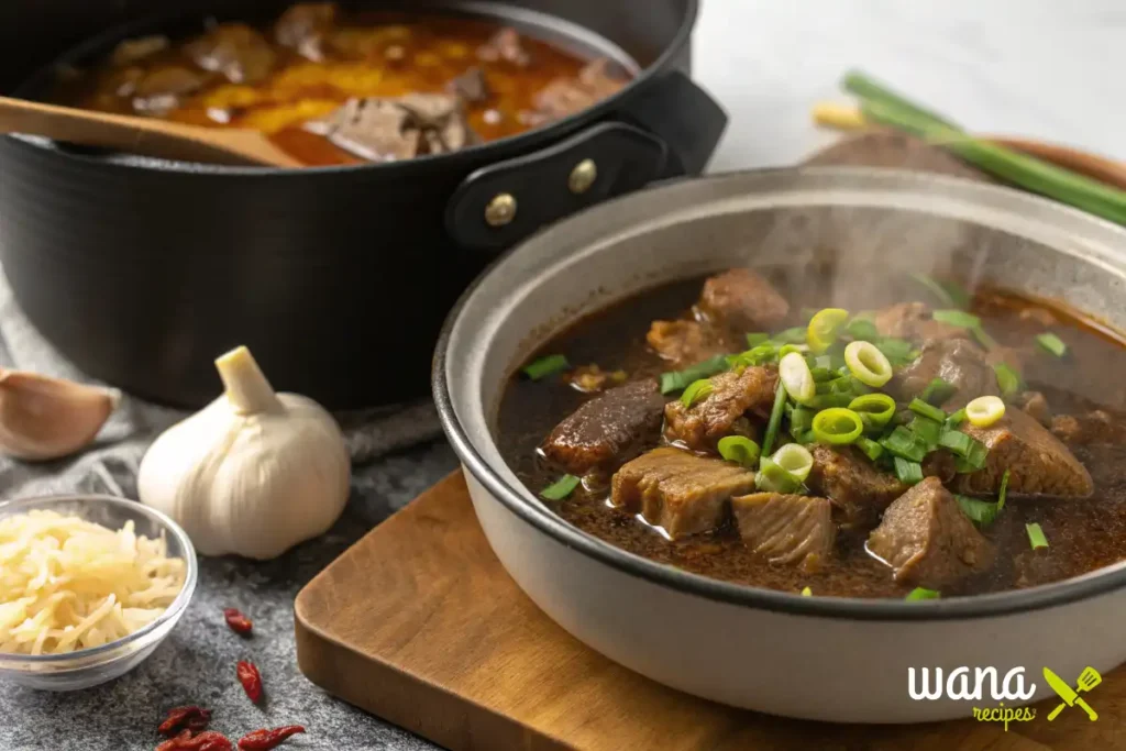 A steaming bowl of Beef Pares served with tender beef in savory sauce, garnished with green onions.