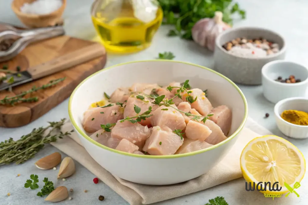 Freshly diced chicken pieces marinated with herbs, lemon, and garlic, ready for cooking