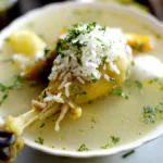 A steaming bowl of homemade chicken bone broth served in a rustic ceramic bowl with fresh herbs and vegetables on the side.