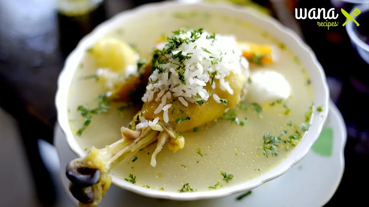 A steaming bowl of homemade chicken bone broth served in a rustic ceramic bowl with fresh herbs and vegetables on the side.