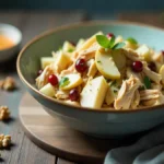 Fresh chicken salad inspired by Chicken Salad Chick, featuring shredded chicken, grapes, pecans, and celery on a bed of lettuce, served with croissants and crackers.