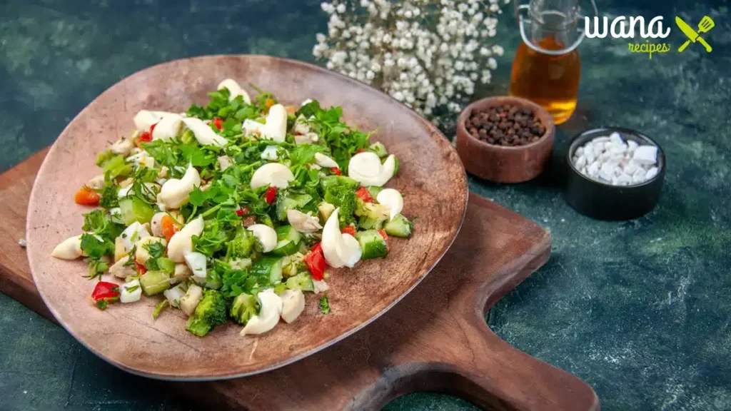 Broccoli cauliflower salad served in a white bowl with fresh vegetables, creamy dressing, and optional toppings like cherry tomatoes and nuts.