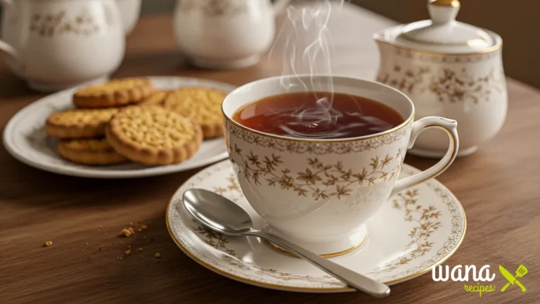 A steaming cup of British breakfast tea served with milk, sugar, and a side of biscuits on a rustic wooden table.