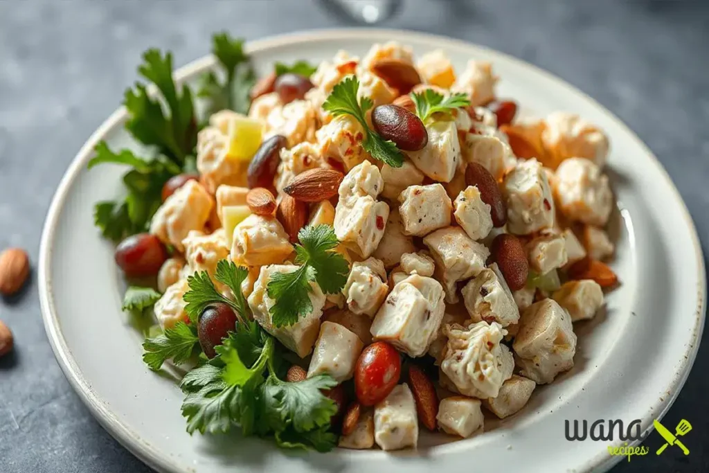 An inviting plate of chicken salad featuring shredded chicken, fresh fruits, and nuts, perfect for a healthy and delicious meal.