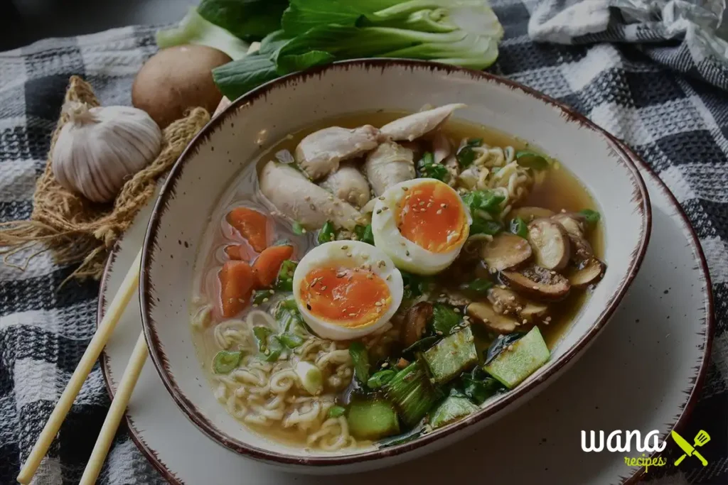 Ramen noodles boiling in a pot with steam rising.