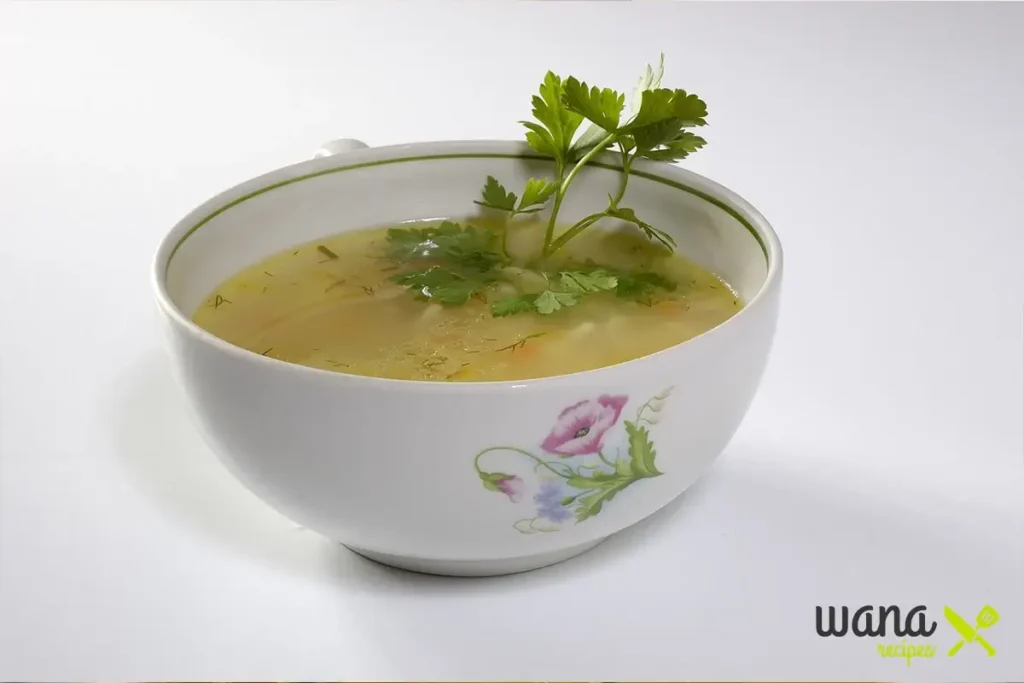 Chicken bone broth simmering in a pot with vegetables and herbs.