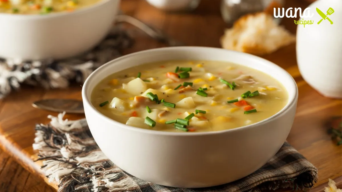 A creamy bowl of Benignis potato soup garnished with crispy bacon, fresh parsley, and served with crusty bread on the side