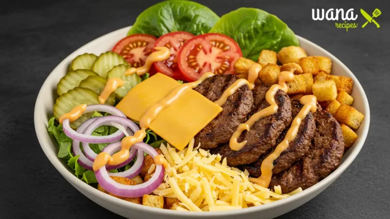 Delicious and healthy burger bowl recipe with fresh vegetables, avocado, ground beef, and special sauce in a bowl.