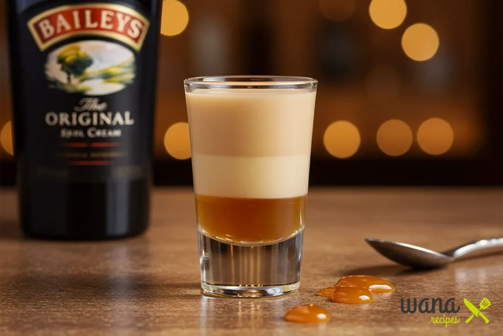 A beautifully layered Buttery Nipple shot with Baileys Irish Cream and butterscotch schnapps, placed on a bar counter with caramel drizzle and a spoon.