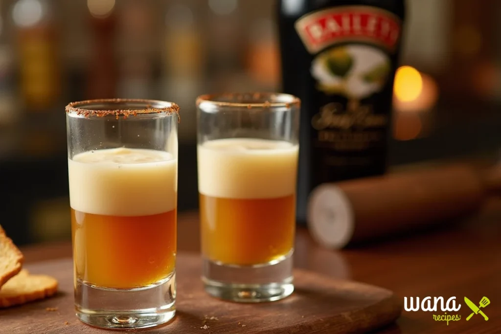 Two Buttery Nipple shots with rimmed glasses, featuring smooth Irish cream over butterscotch schnapps, served with a Baileys bottle in the background.