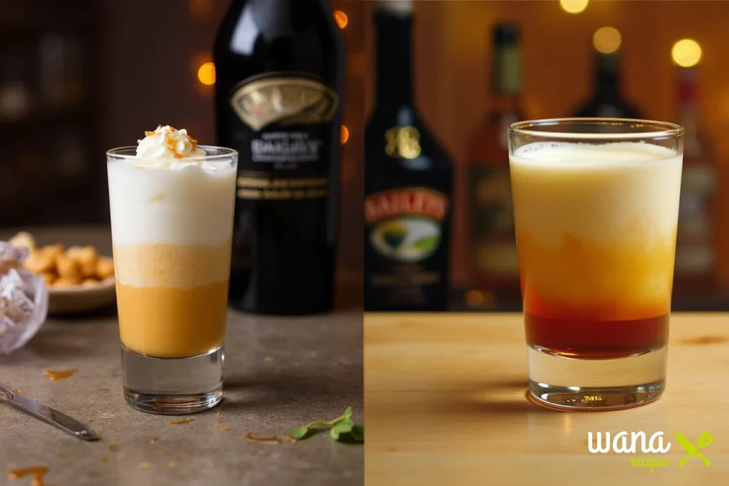 Two variations of the Buttery Nipple shot: one topped with whipped cream and caramel drizzle, the other with a perfectly layered butterscotch and cream blend, set against a cozy bar ambiance