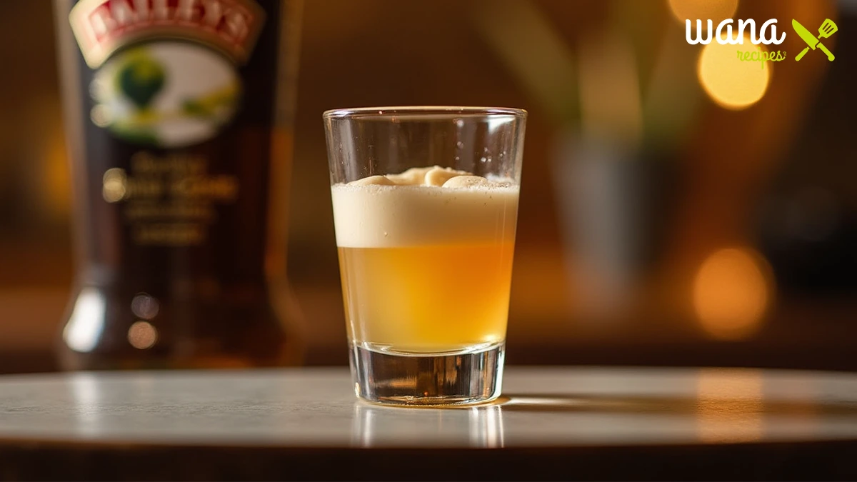 A perfectly layered Buttery Nipple shot in a glass, featuring creamy Irish cream floating over rich butterscotch schnapps, served on a bar counter