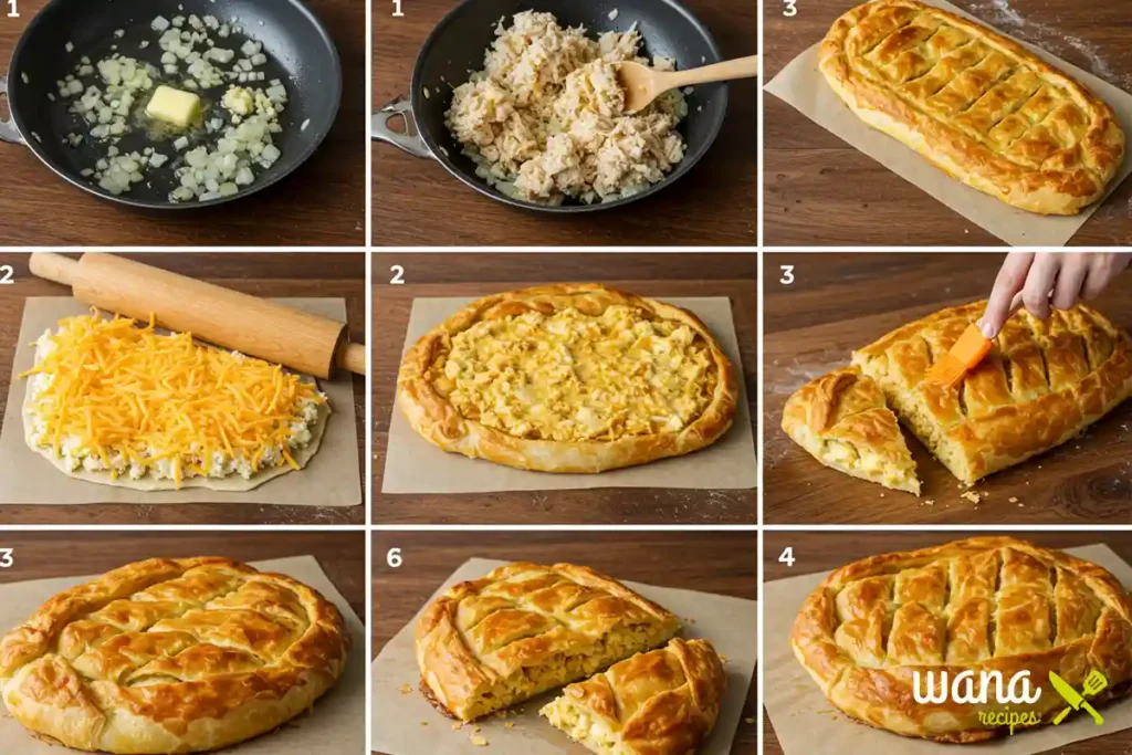 Step-by-step process of making chicken and cheese jalousie, from sautéing onions and mixing the filling to assembling, baking, and slicing the golden, flaky pastry.