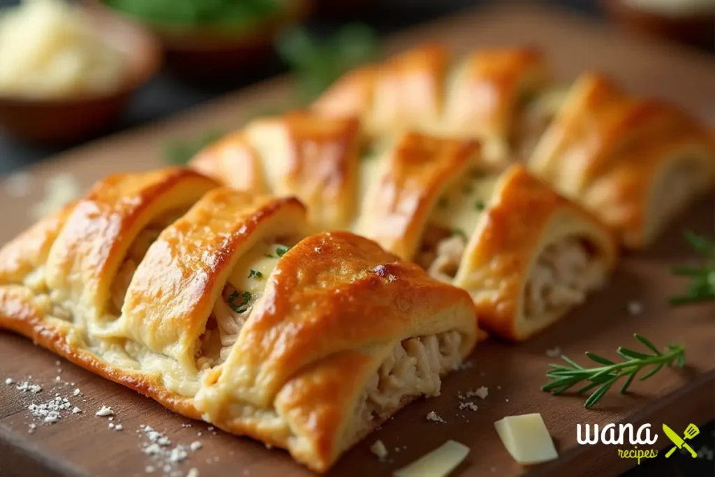 Freshly baked chicken and cheese jalousie with golden, flaky puff pastry, melted cheese, and tender chicken filling, garnished with herbs and served on a wooden board.