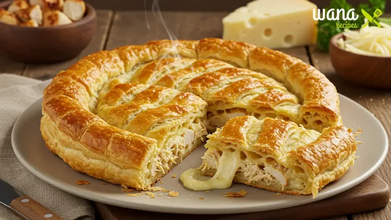 Golden brown chicken and cheese jalousie pastry with flaky puff pastry and melted cheese filling, served on a wooden board.