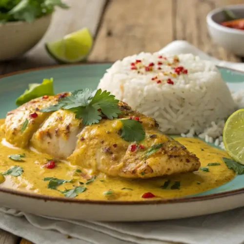 Churu Chicken Amarillo served with white rice, garnished with cilantro and lime