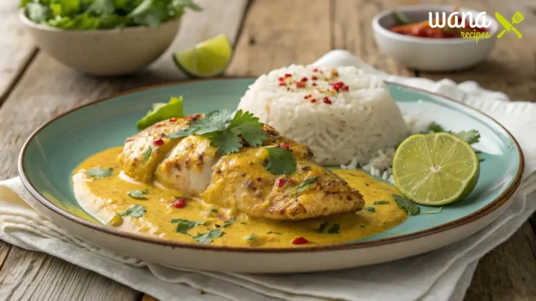 Churu Chicken Amarillo served with white rice, garnished with cilantro and lime