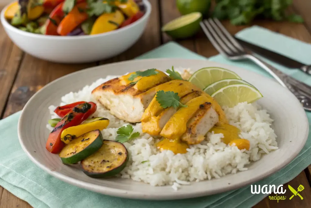 Churu Chicken Amarillo served with rice and roasted vegetables