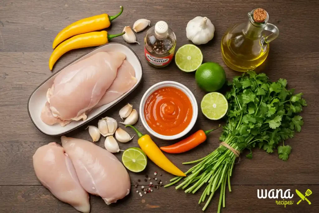 Ingredients for Churu Chicken Amarillo, including chicken breasts, yellow chilies, garlic, lime, and cilantro.