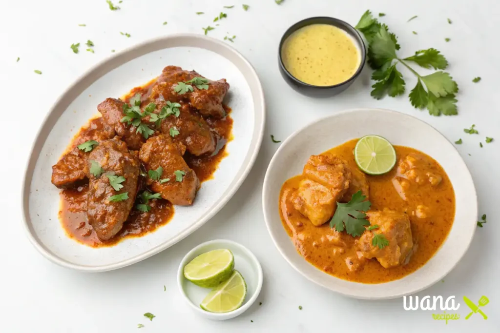 Two plates of chicken with different sauces, garnished with cilantro and lime