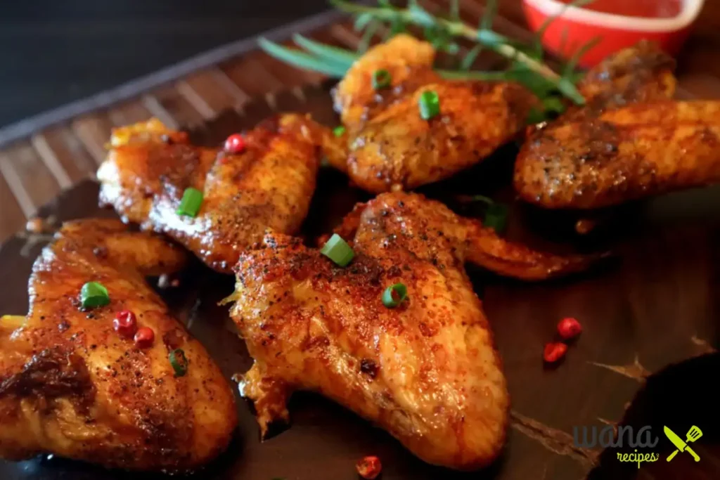 Spicy grilled chicken wings garnished with fresh herbs and served on a wooden platter.