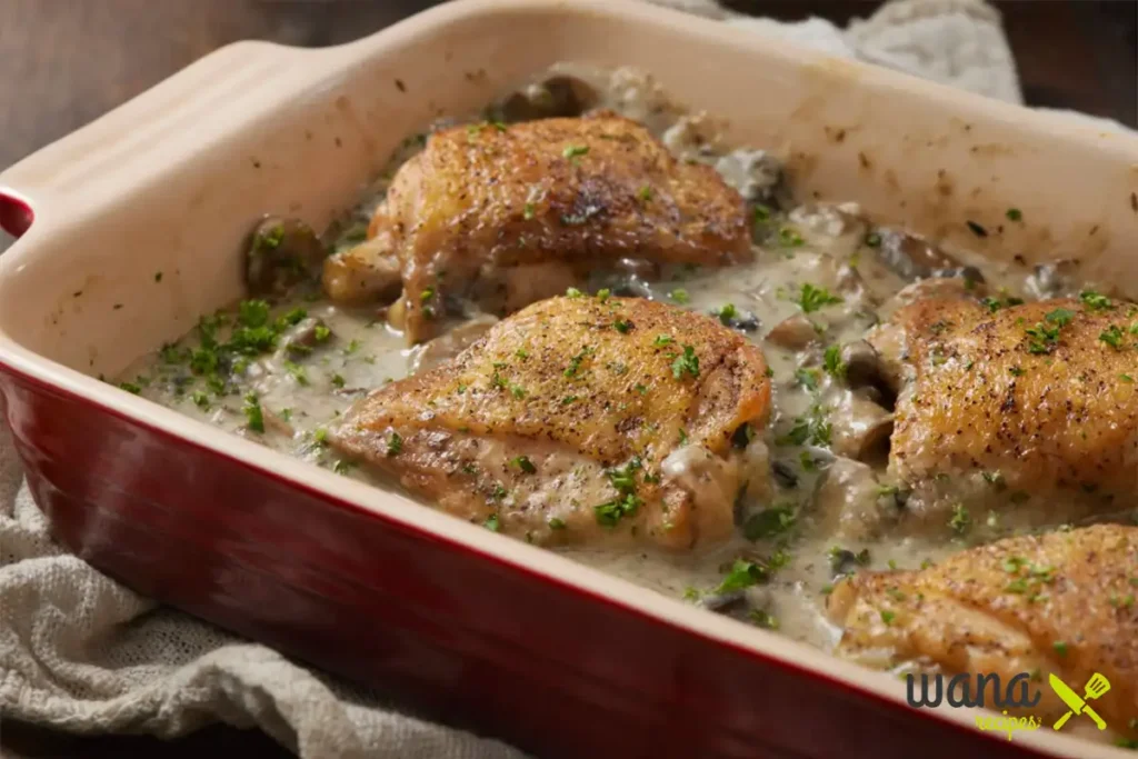 Juicy baked chicken thighs in a creamy mushroom sauce garnished with parsley