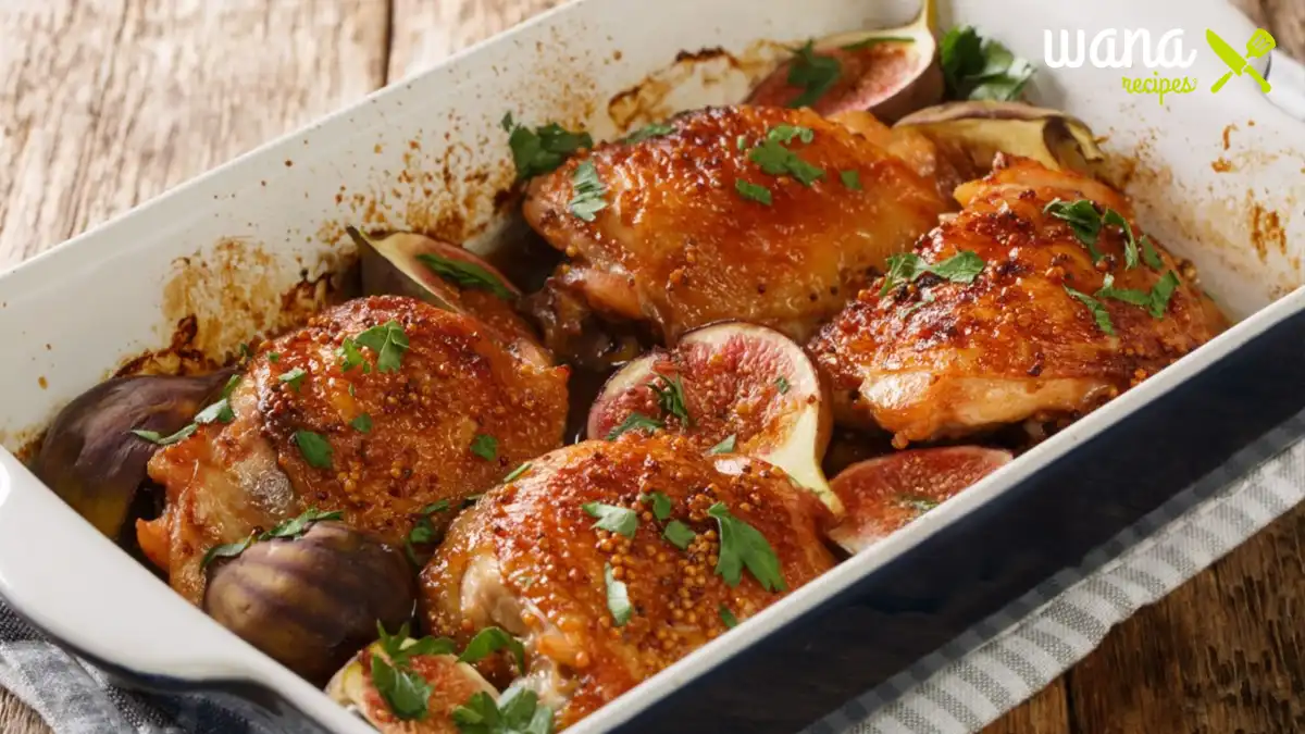 Galena Chicken baked with a golden crust, figs, and fresh parsley in a white casserole dish.