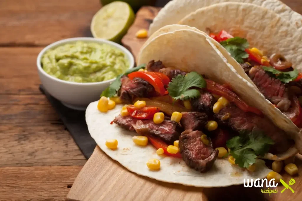 Grilled steak elote tacos served on a wooden board with fresh guacamole, lime, and cilantro, featuring vibrant Mexican flavors.