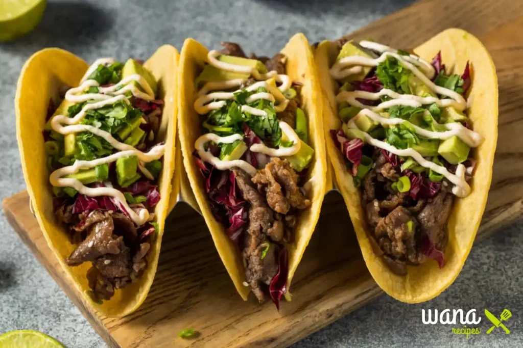 Crispy corn tortillas filled with grilled steak, avocado, radicchio, and drizzled with a creamy sauce, served on a wooden board.