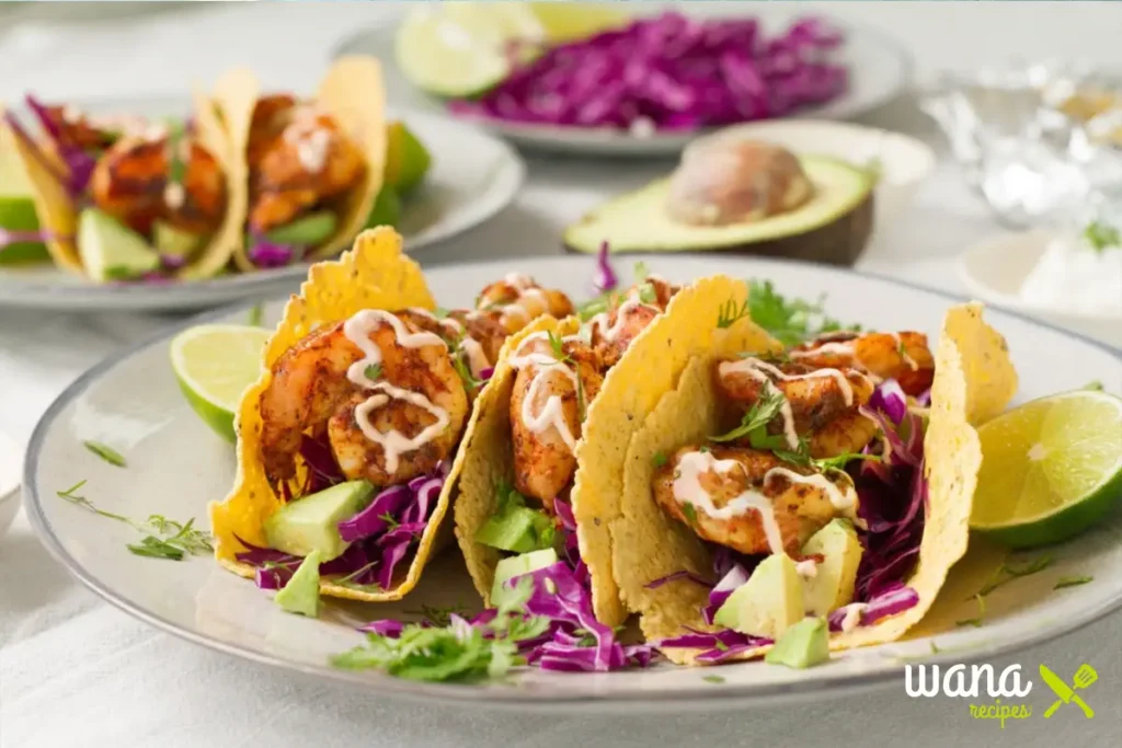 Spicy grilled shrimp tacos served in crispy corn tortillas with fresh avocado, purple cabbage, and a drizzle of creamy sauce.