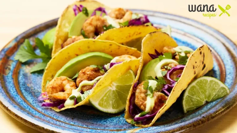 Fresh and flavorful halibut fish tacos served with mango salsa, avocado crema, and lime wedges on a wooden plate.